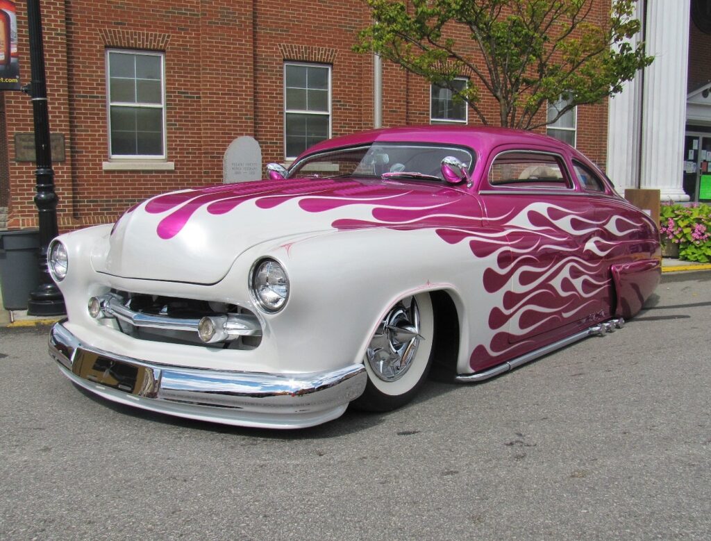 pink and white classic car