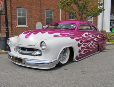pink and white classic car