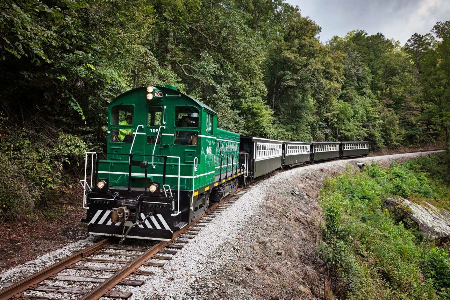 Big South Fork Scenic engine and cars on track through woods