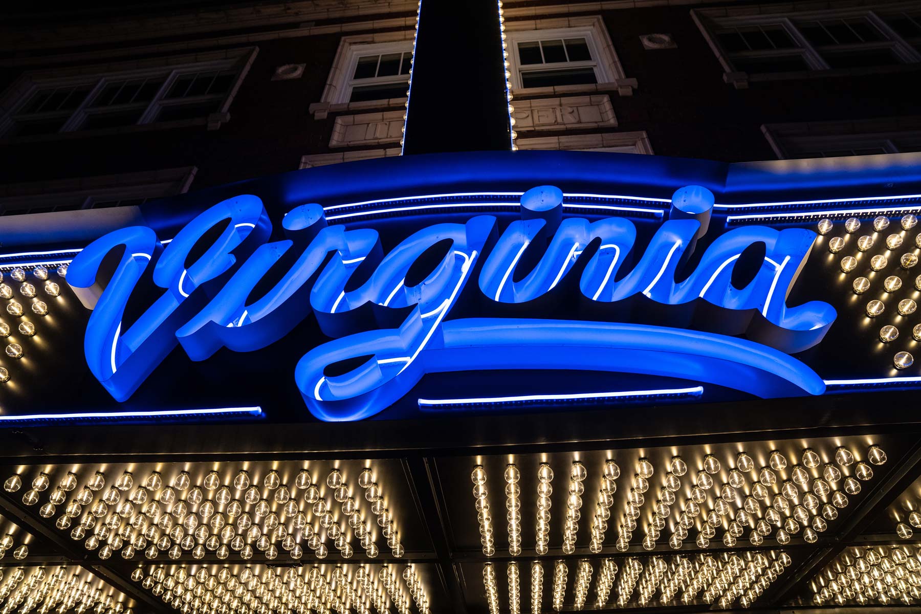Neon "Virginia" sign on marquee