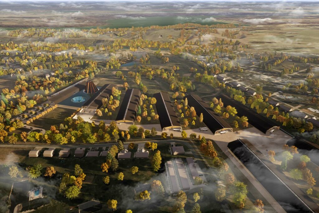 aerial view, architects rendering of the Horse Soldier Bourbon development showing modern warehouses and buildling among trees
