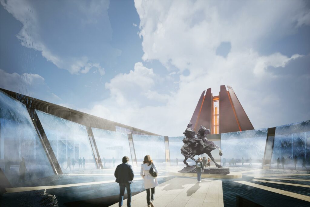 Architects rendering of a contemporary memorial space with waterfalls and large statue of the Horse Soldier.